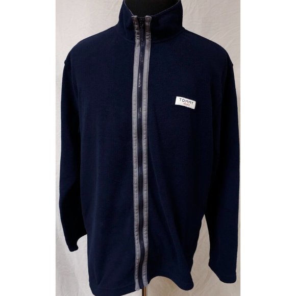 VTG Tommy Jeans Tommy Hilfiger Mens Large Blue Full Zip Mock Neck Fleece Jacket - Picture 1 of 13